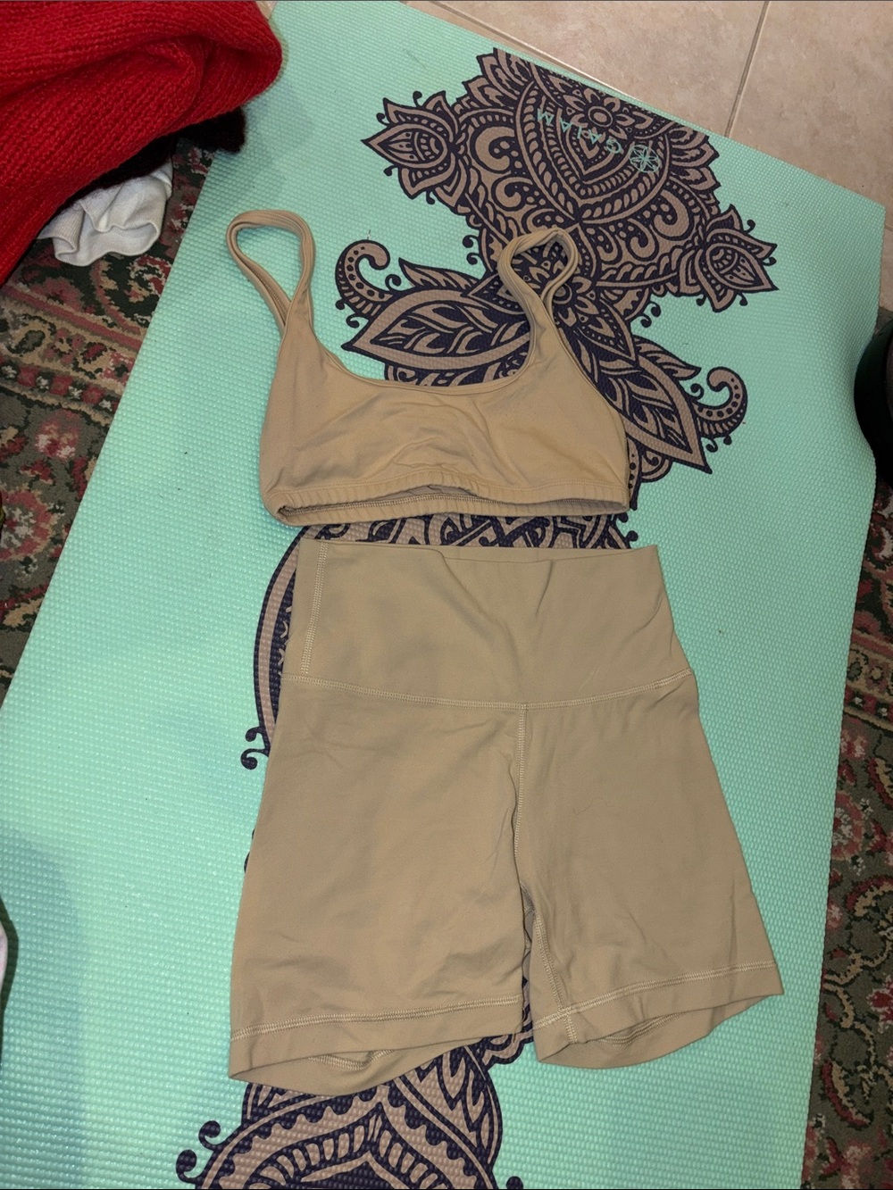 Aritzia Beige Sports Bra and High-Waist Biker Shorts Set